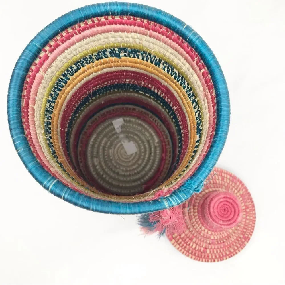 All Across Africa Handmade Colorful Woven Coil 11” Lidded Tassel Basket Canister